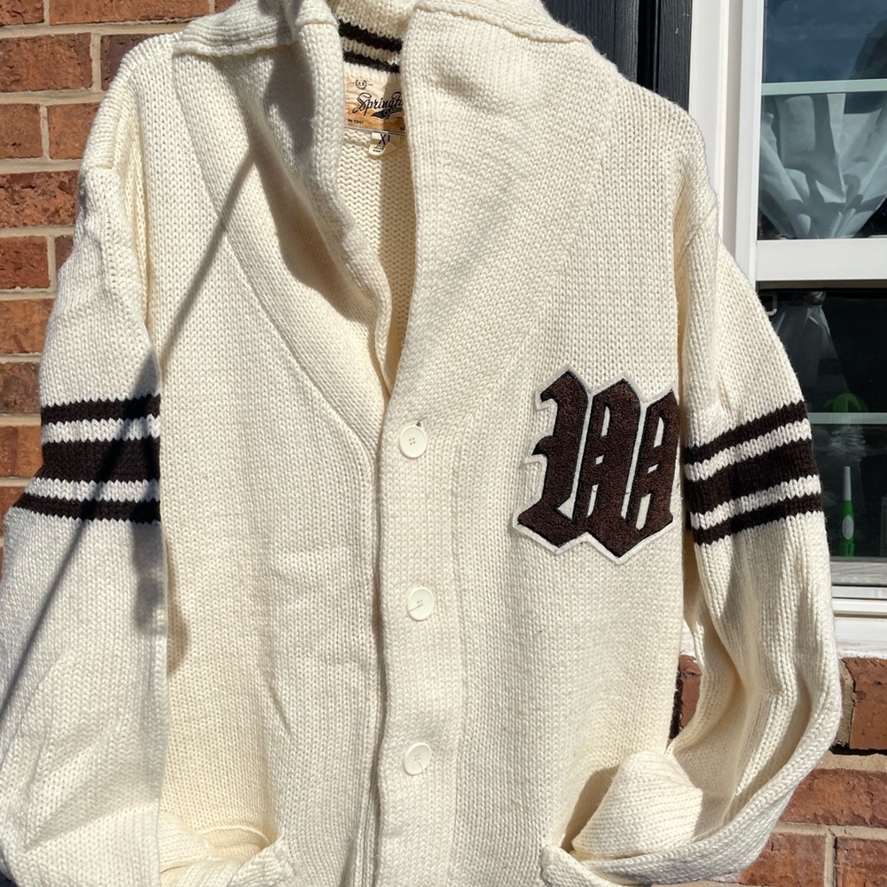 Springfield Classics Men’s XL Cream Cardigan “W” Handmade Raw Blue